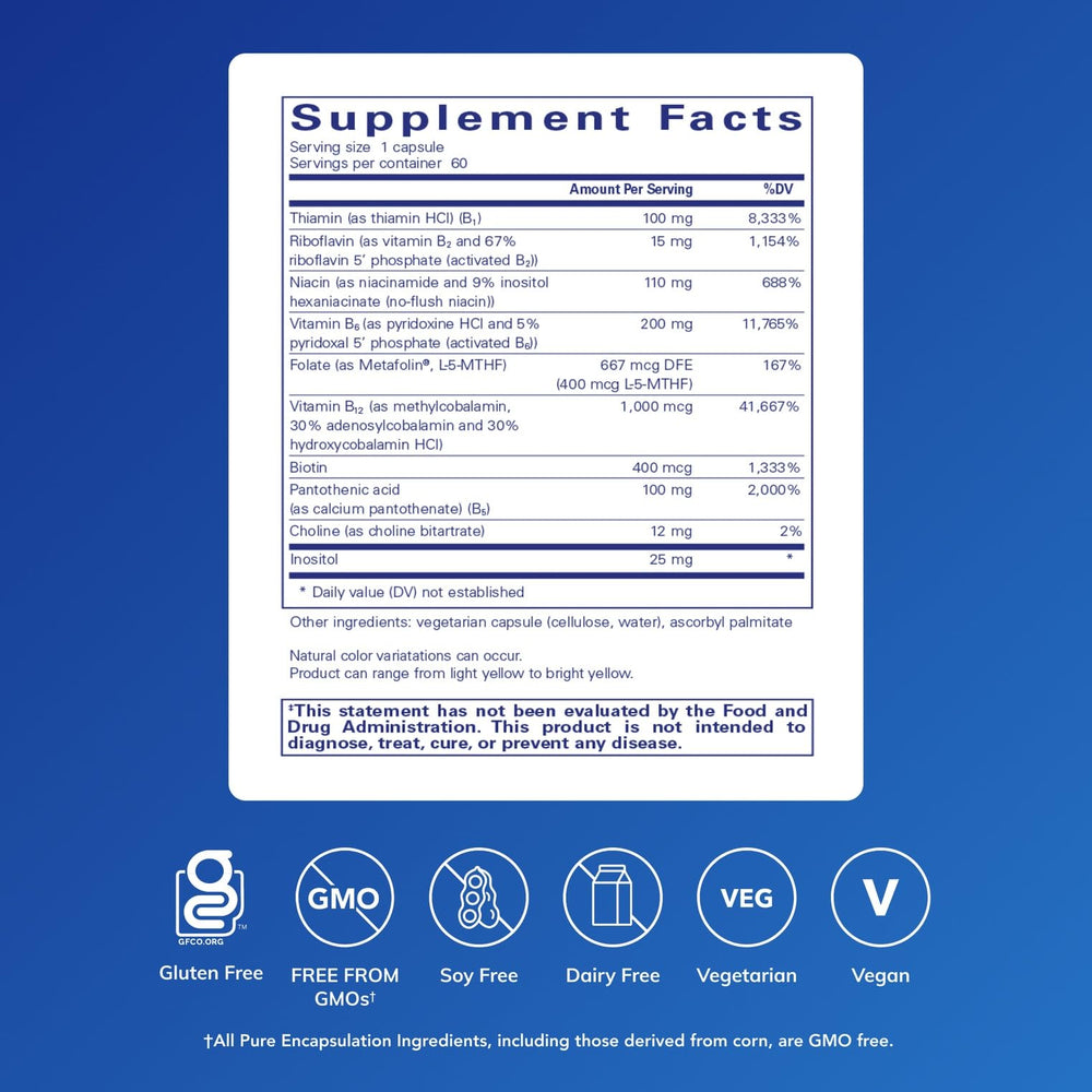 Pure Encapsulations B6 Complex capsule close-up highlighting high-potency B6 for nervous system balance.