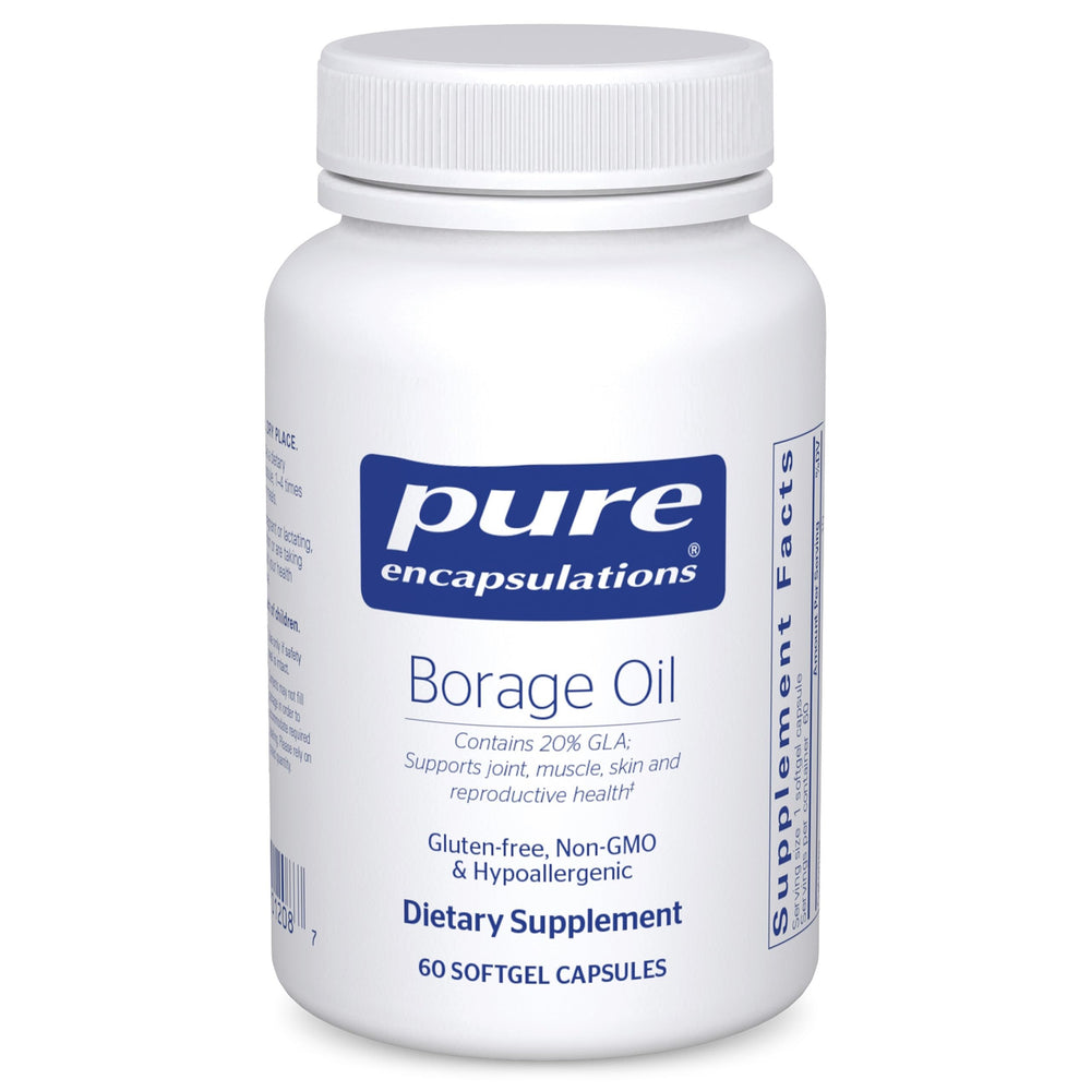 Pure Encapsulations Borage Oil bottle front signals trusted, allergen-friendly supplement.