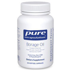 Pure Encapsulations Borage Oil bottle front signals trusted, allergen-friendly supplement.