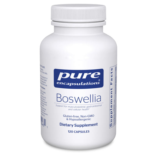 Pure Encapsulations Boswellia bottle front highlights vegan formula for joint and digestive support.