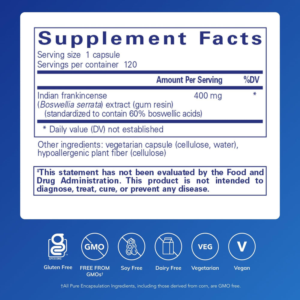 Pure Encapsulations Boswellia capsules closeup shows vegan non-GMO capsules for joint comfort.