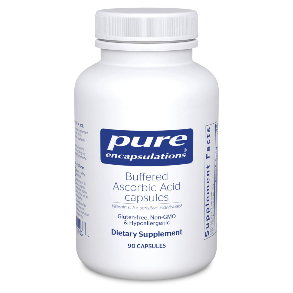 Pure Encapsulations Buffered Ascorbic Acid Capsules bottle showcasing gentle, stomach-friendly vitamin C