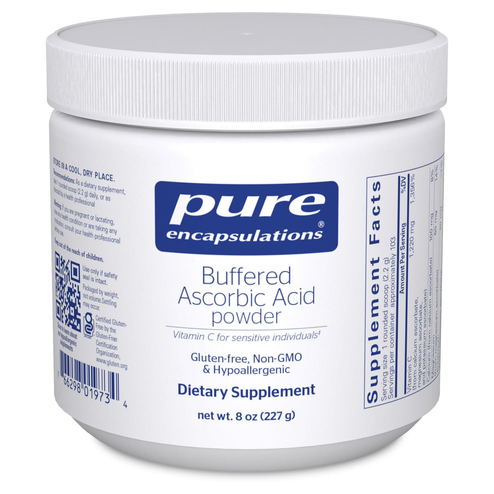 Pure Encapsulations buffered ascorbic acid powder bottle shown for gentle daily use.