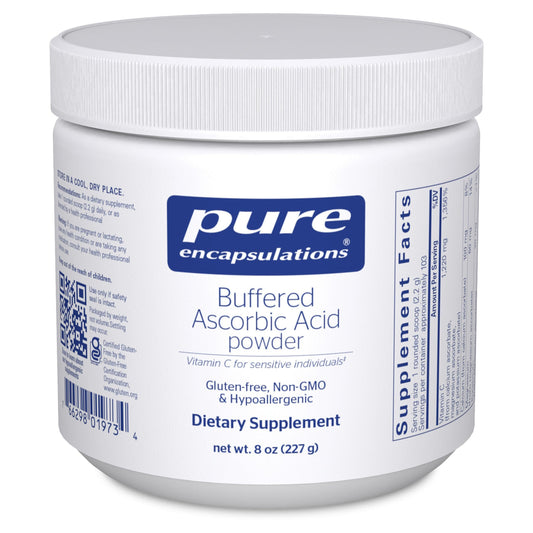 Pure Encapsulations buffered ascorbic acid powder bottle shown for gentle daily use.