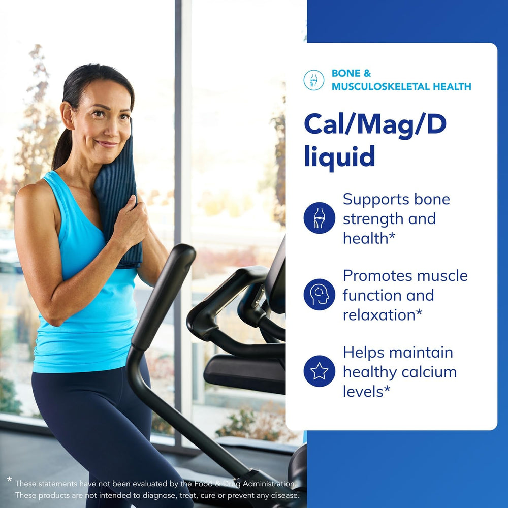 Pure Encapsulations Cal/Mag/D Liquid label close-up reveals bioavailable mineral citrates and clean formulation.