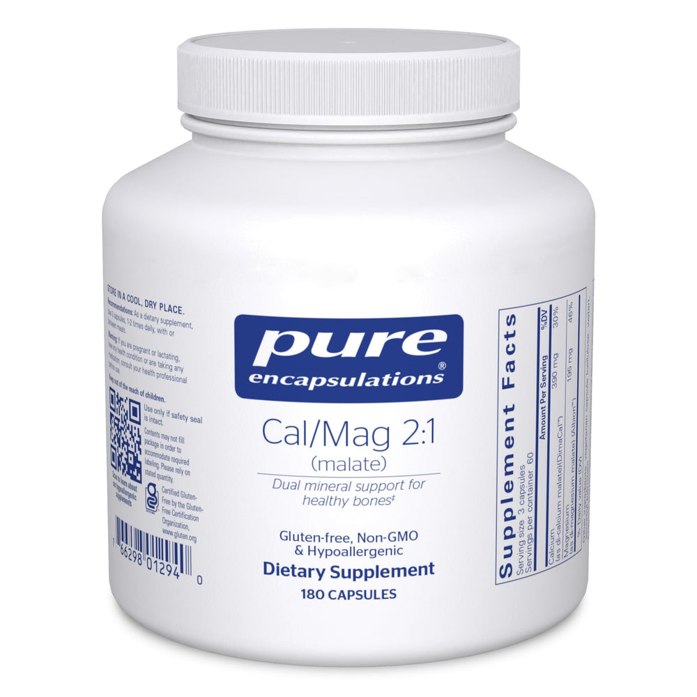 Pure Encapsulations Cal/Mag Malate bottle shows 2:1 ratio for bone-support potential.