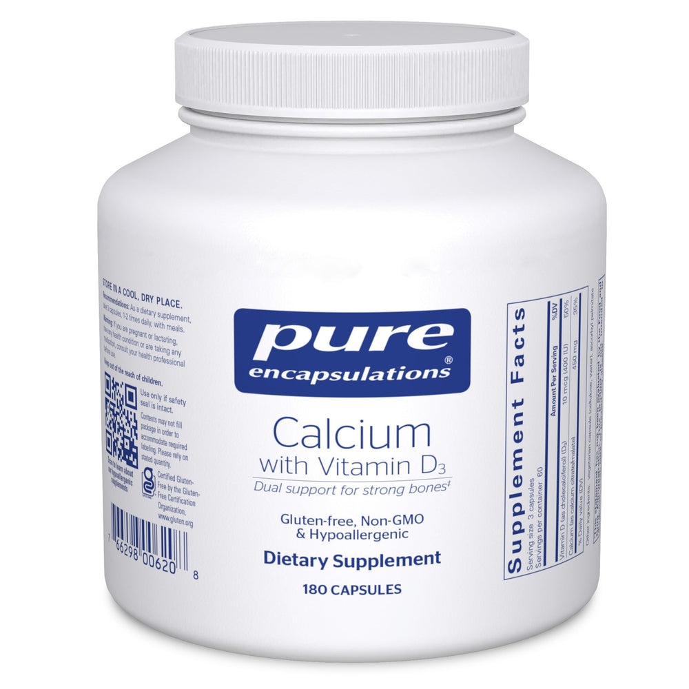 Pure Encapsulations Calcium with Vitamin D3 bottle front for bone health support.