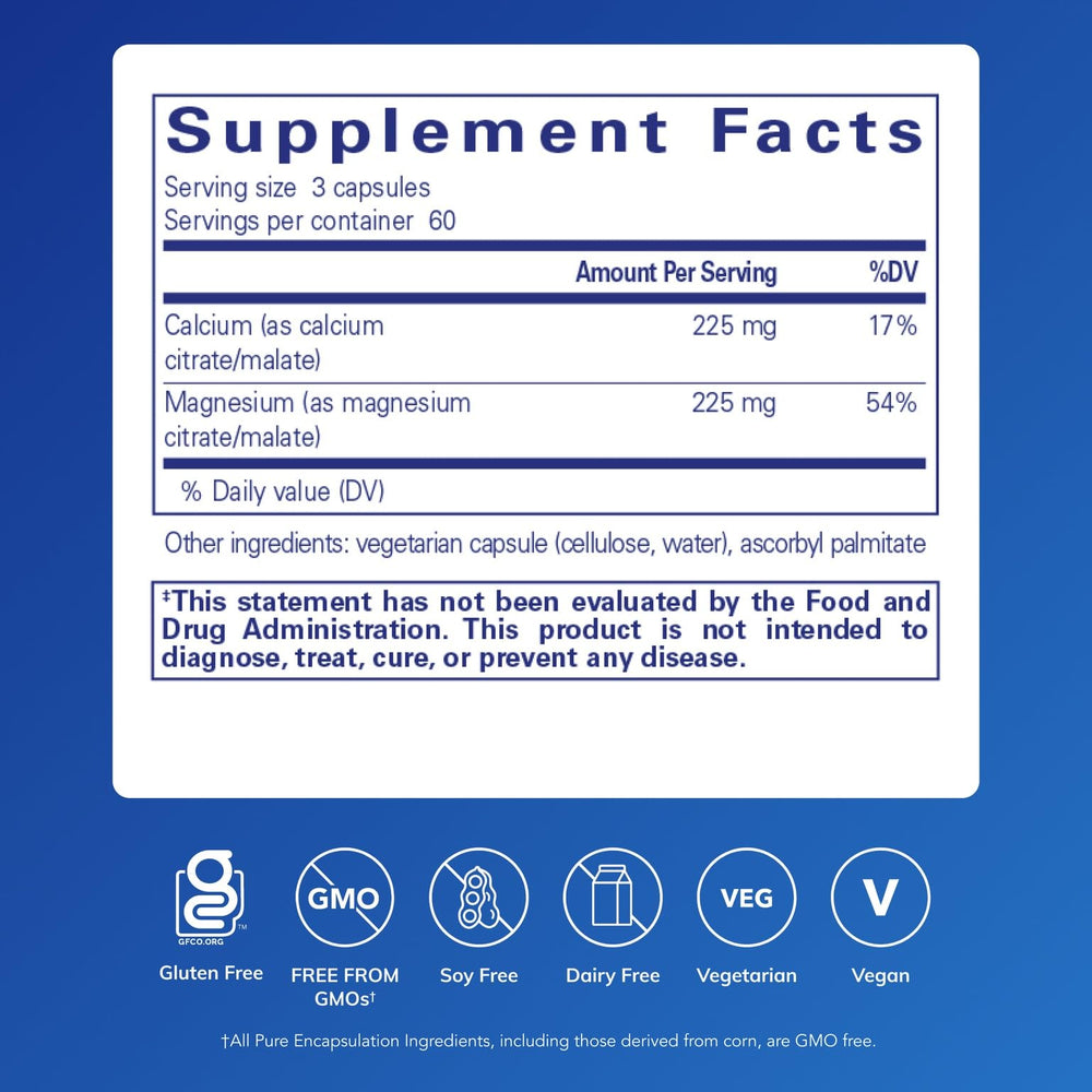 Pure Encapsulations Calcium Magnesium capsules closeup for cardiovascular and bone health
