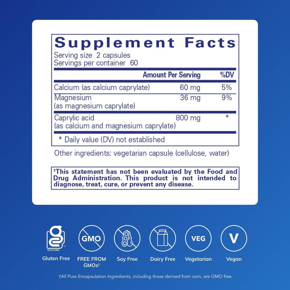 Pure Encapsulations Caprylic Acid bottle label with ingredients and purity