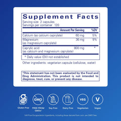 Pure Encapsulations Caprylic Acid capsules closeup, a neat daily supplement for intestinal health.