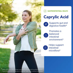 Pure Encapsulations Caprylic Acid label detail, highlighting premium ingredients and allergen-free formulation.