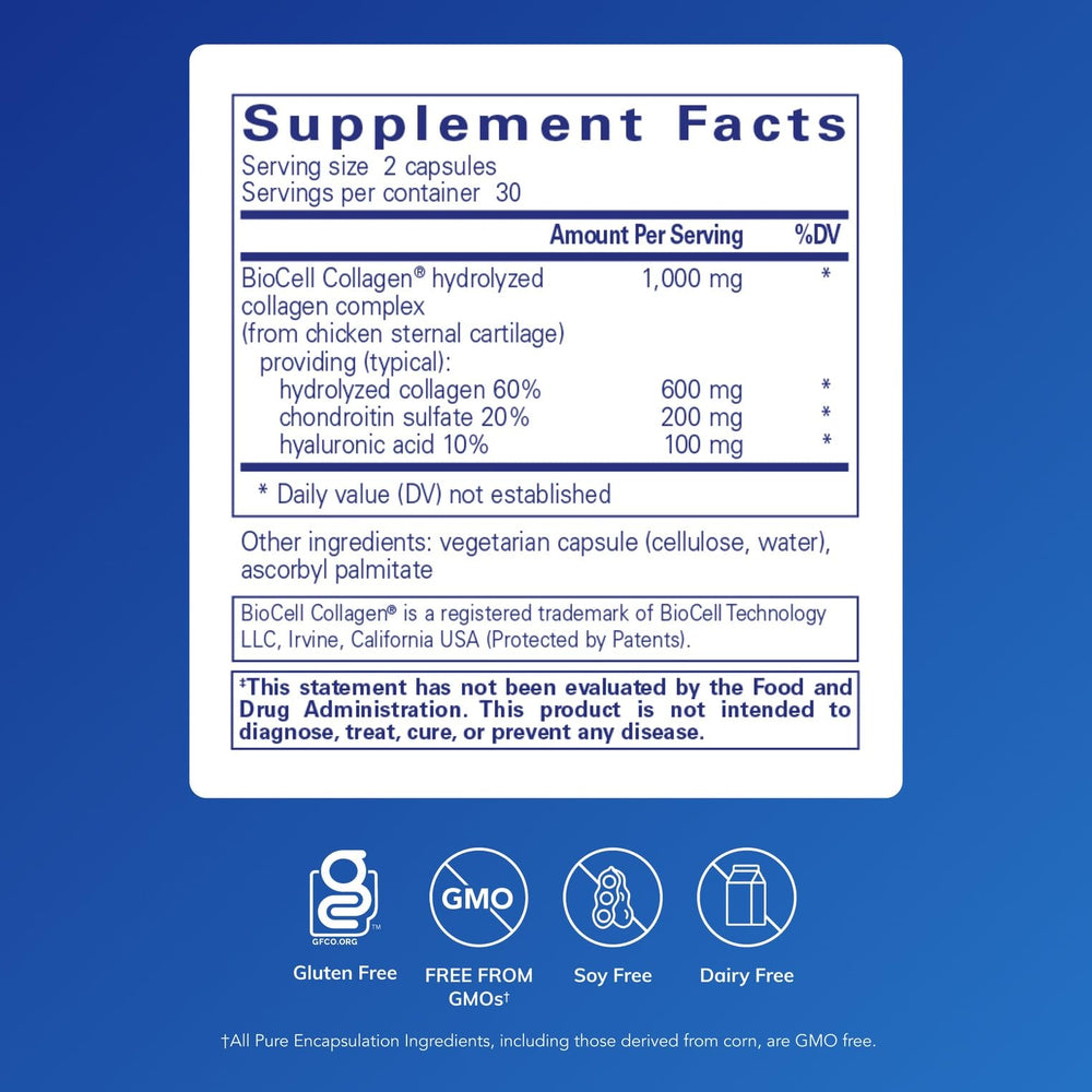 Pure Encapsulations Collagen JS bottle back—gluten-free, non-GMO formula supports clean supplementation.