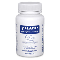 Pure Encapsulations CoQ10 120 mg bottle on a clean surface, signaling cardiovascular support.