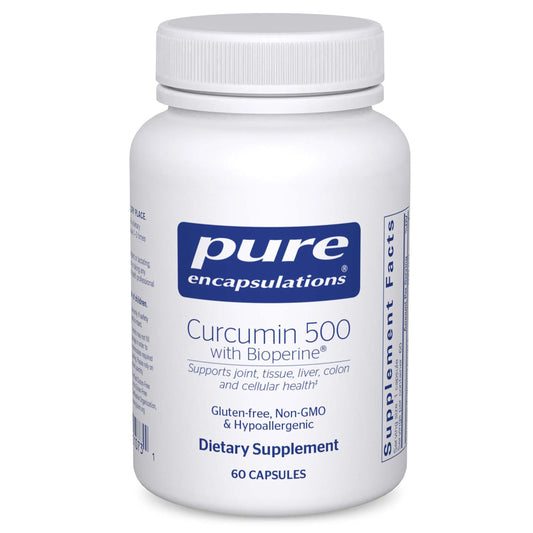 Pure Encapsulations Curcumin 500 turmeric bottle for easy daily dosing and antioxidant support