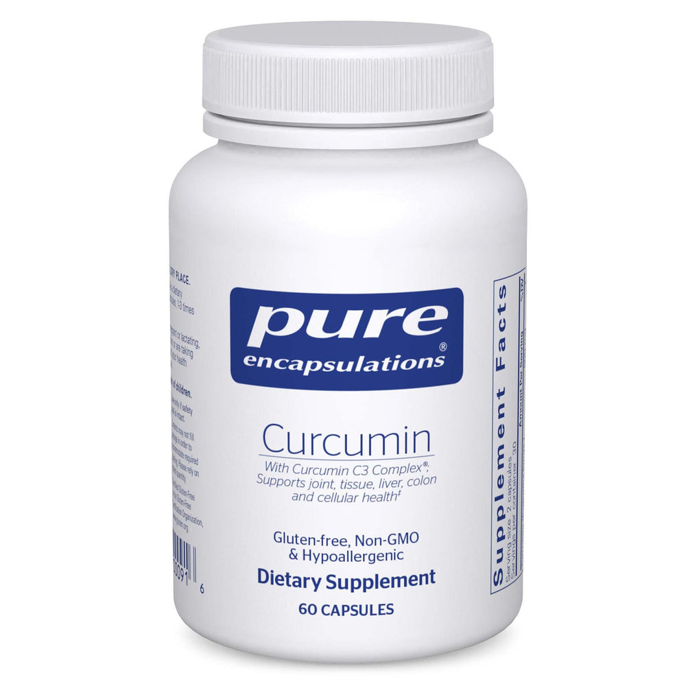 Pure Encapsulations Curcumin 500mg bottle close-up for convenient daily capsule use.