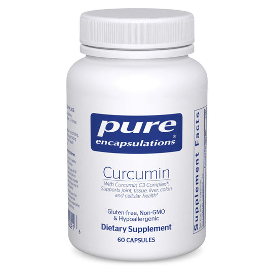 Pure Encapsulations Curcumin 500mg bottle close-up for convenient daily capsule use.