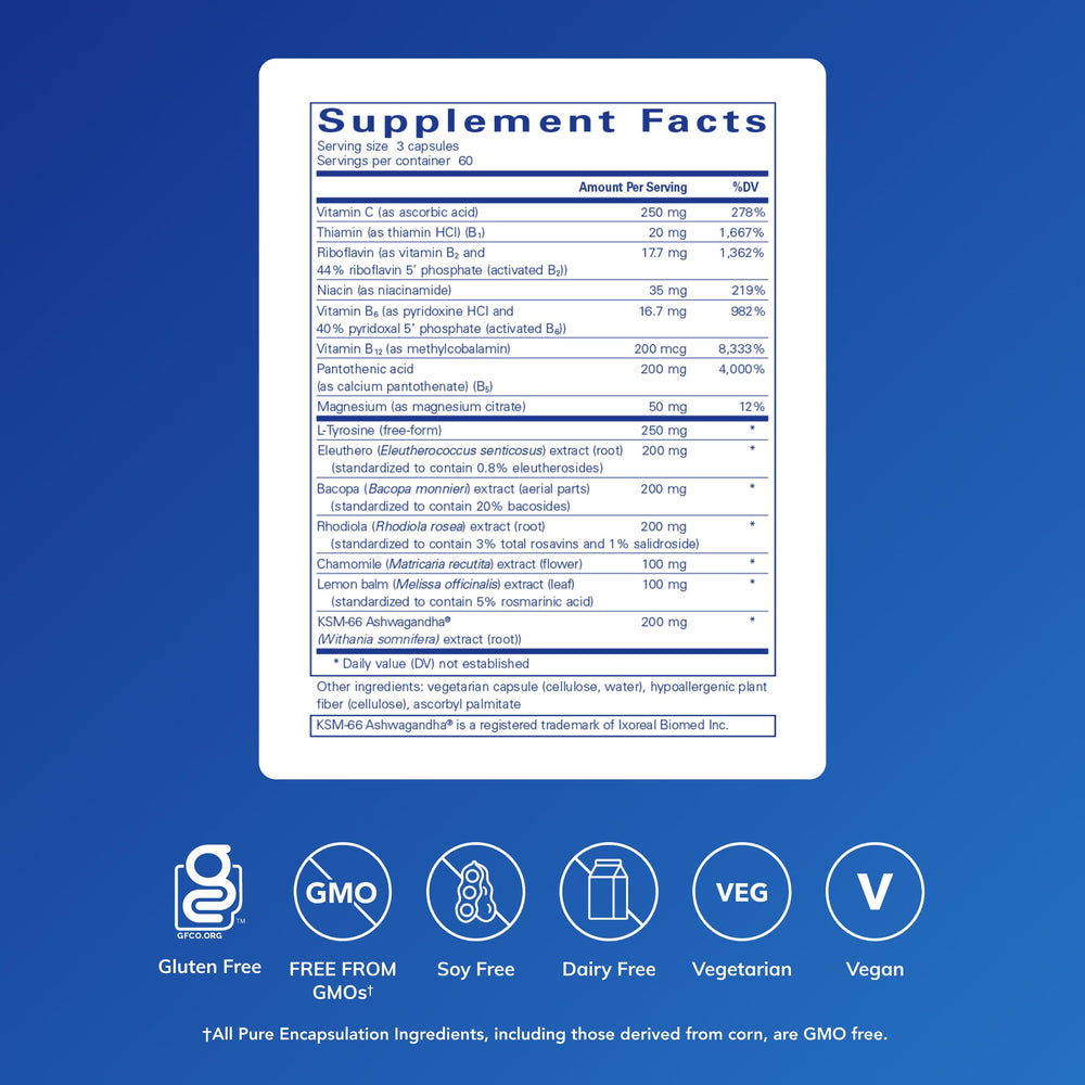 Pure Encapsulations Daily Stress Formula capsules closeup for easy daily use during mild stress.