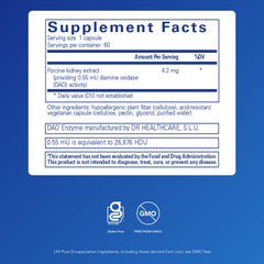 Pure Encapsulations DAO Enzyme bottle back highlighting allergen-free formulation.