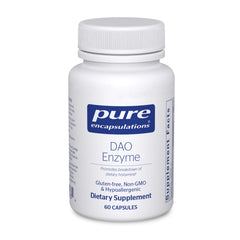 Pure Encapsulations DAO Enzyme bottle front showing support for comfortable digestion.