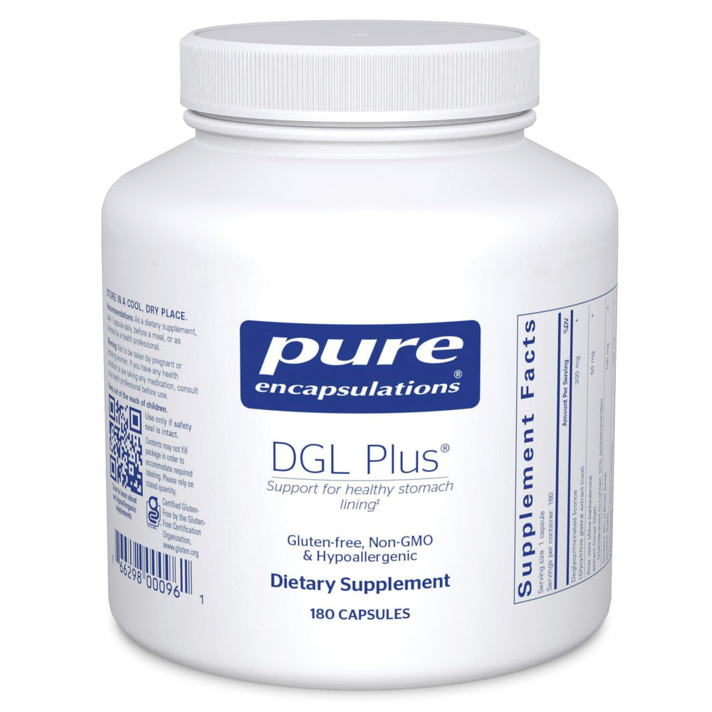 Pure Encapsulations DGL Plus bottle front showing a plant-based gut support supplement