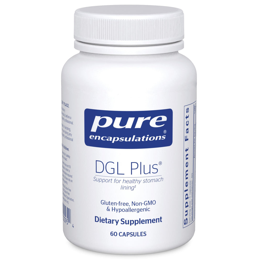 Pure Encapsulations DGL Plus bottle front for gut health support in a vegan, non-GMO formula.