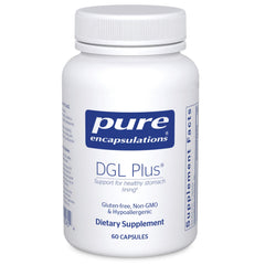 Pure Encapsulations DGL Plus bottle front for gut health support in a vegan, non-GMO formula.