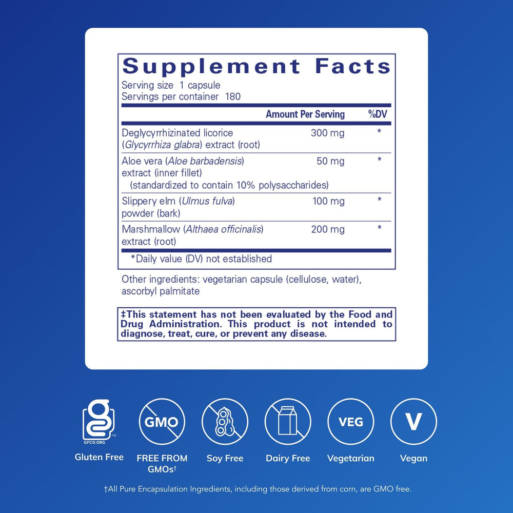 Pure Encapsulations DGL Plus bottle side highlighting vegan non-GMO formula