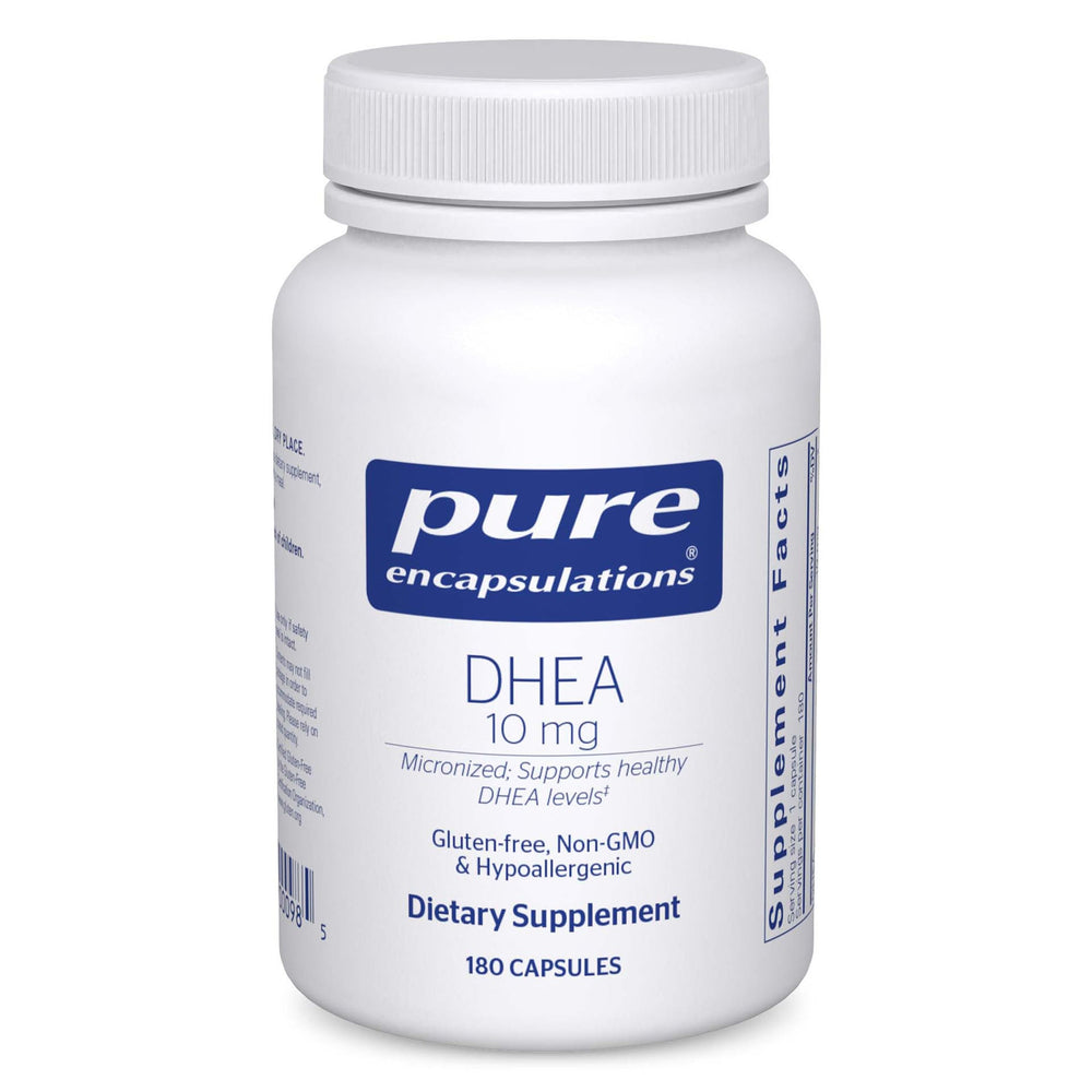 Pure Encapsulations DHEA 10 mg bottle with micronized capsules for better absorption.