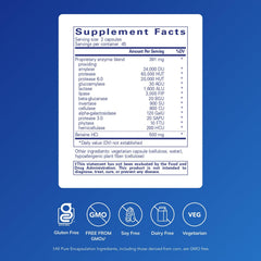 Pure Encapsulations Digestive Enzymes Ultra bottle back illustrates dosage information and Betaine HCl support