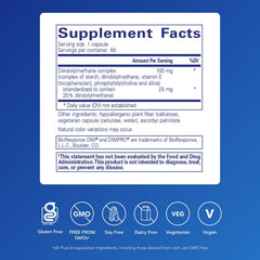 Pure Encapsulations DIMPRO 100 bottle label closeup shows gluten free and vegan claims