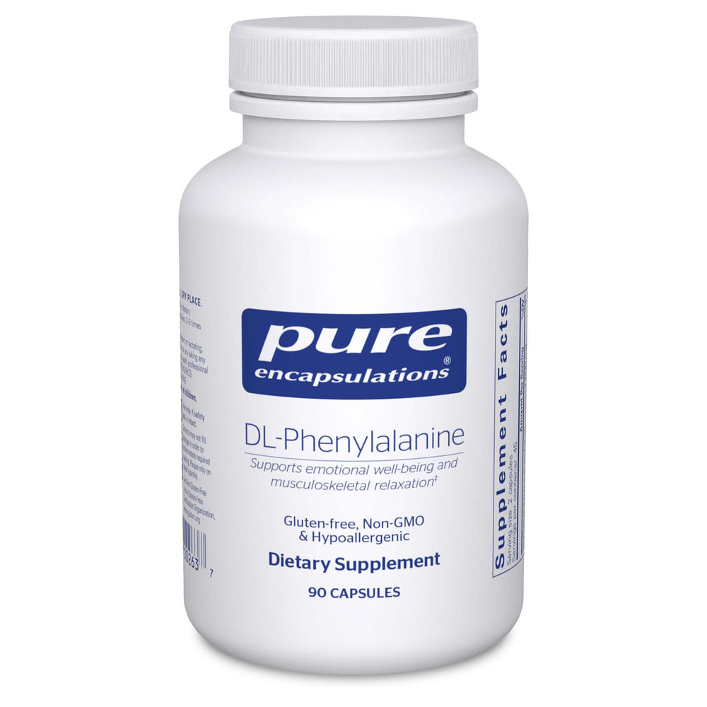 Pure Encapsulations DL-Phenylalanine bottle highlights purity for daily cognitive support.