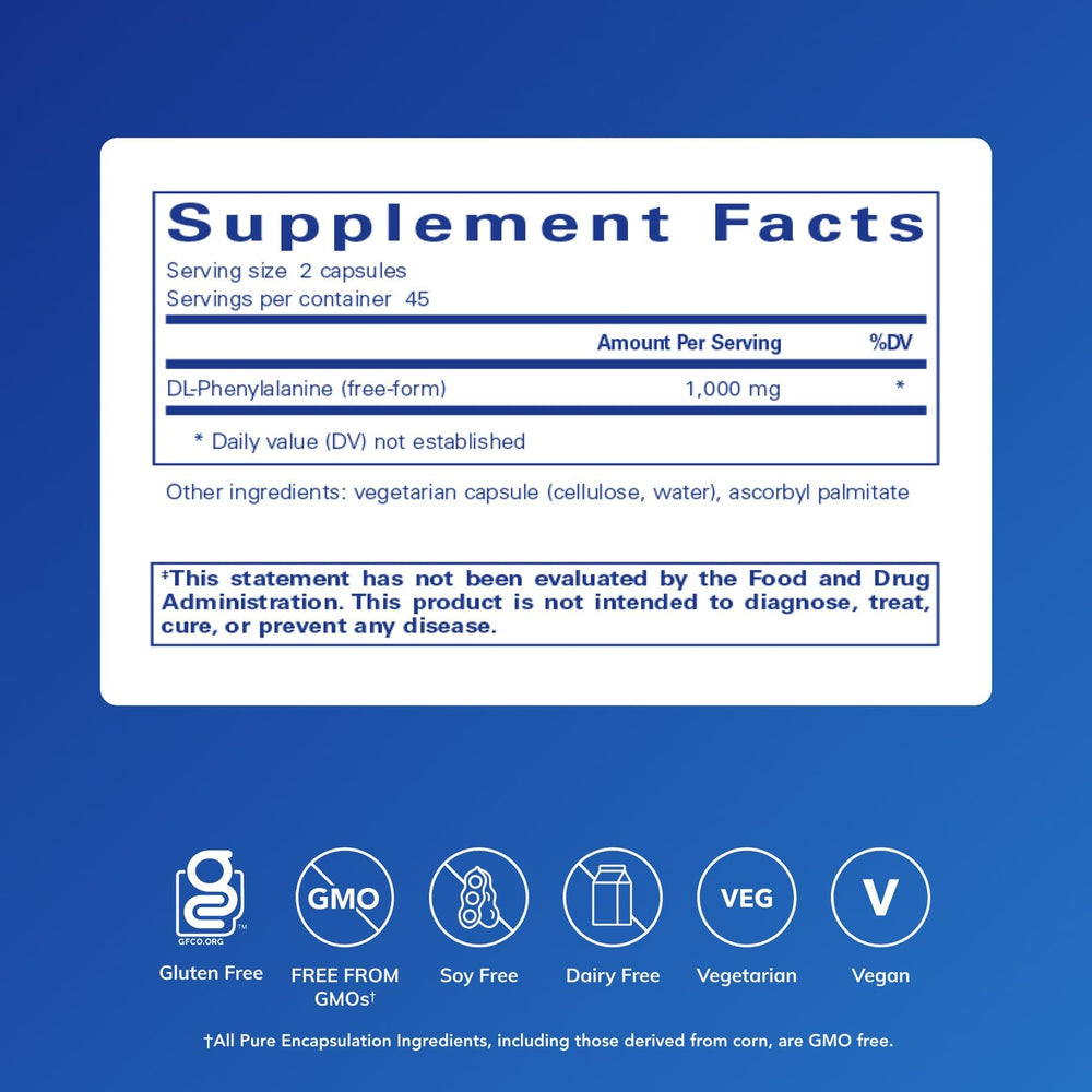 Pure Encapsulations DL-Phenylalanine capsules close-up shows premium ingredients and potency.