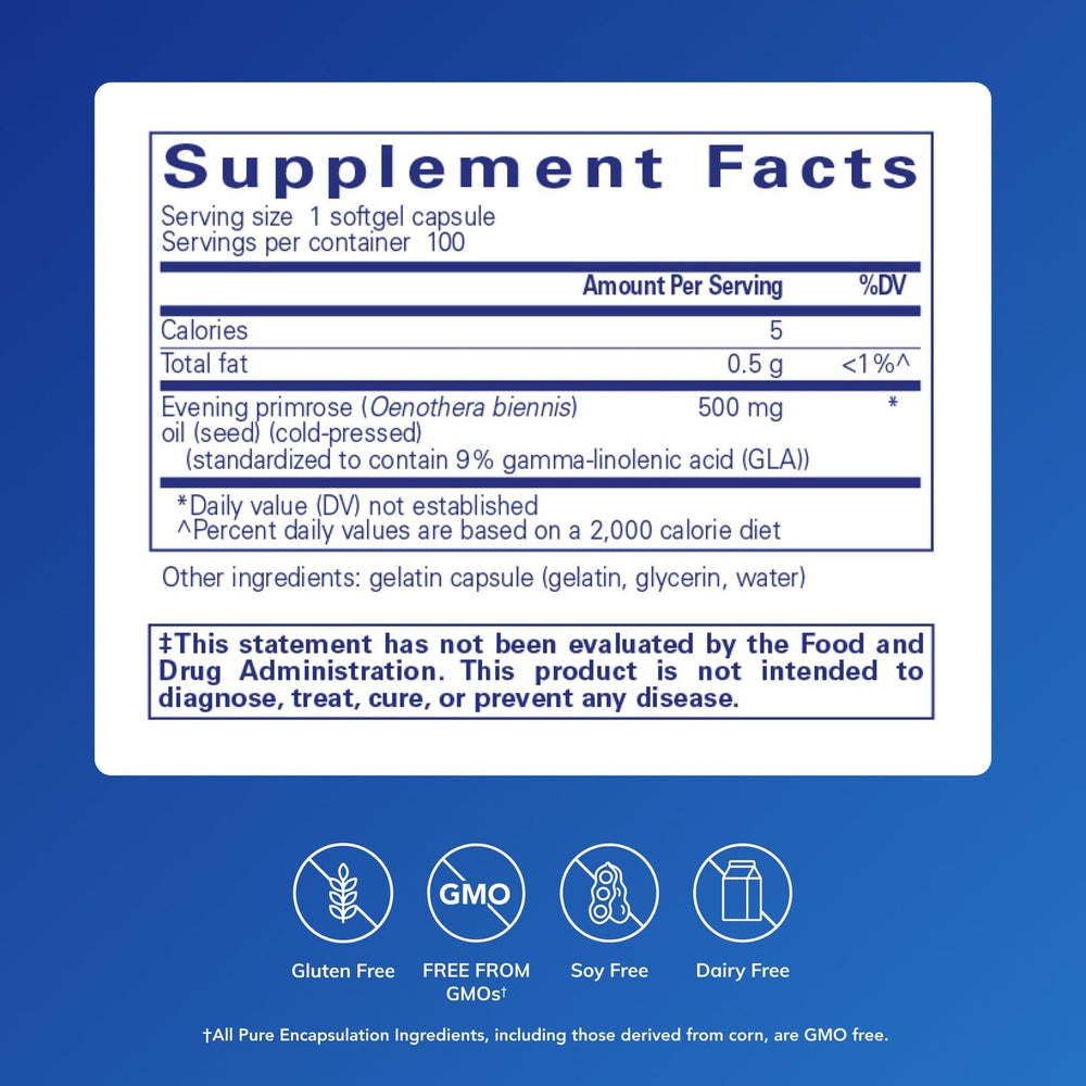 Pure Encapsulations E.P.O. softgel capsules close-up highlighting GLA content