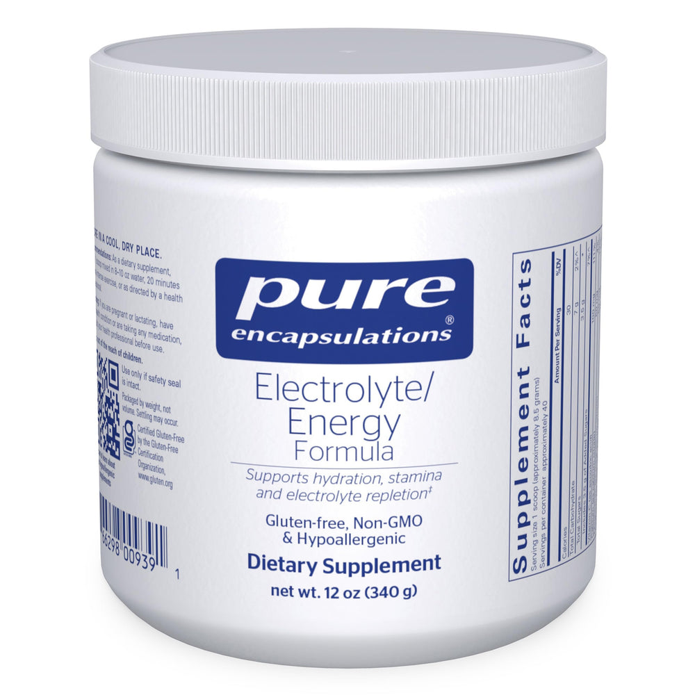 Pure Encapsulations Electrolyte/Energy Formula bottle shows a clean hydration-focused label.