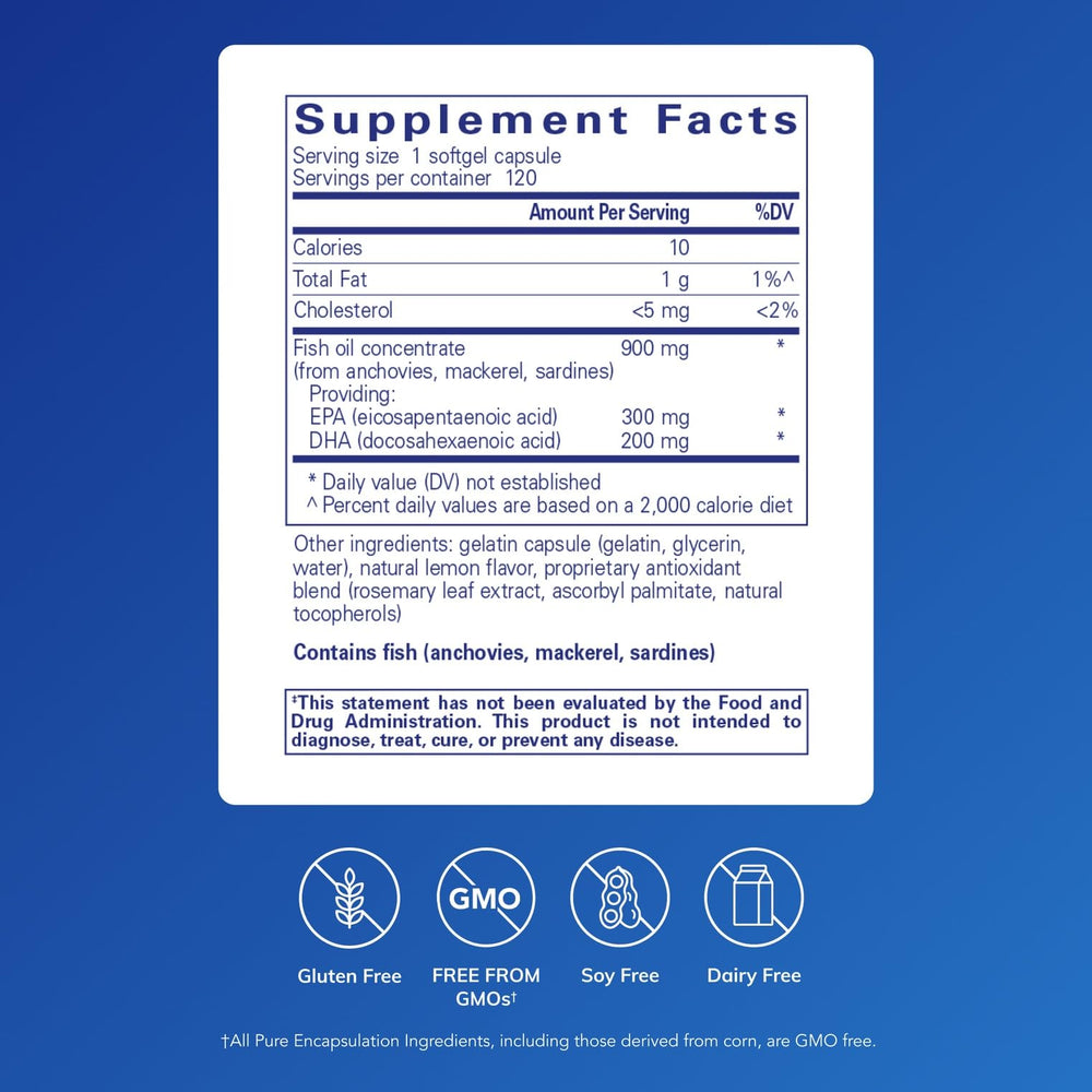 Pure Encapsulations EPA/DHA with Lemon bottle side view highlights citrus flavor