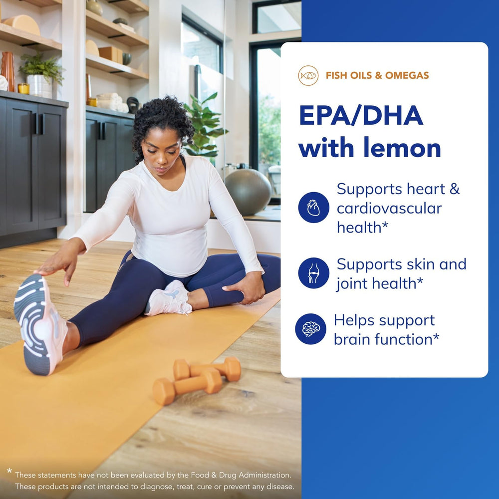 Pure Encapsulations EPA/DHA with Lemon softgels close-up shows easy-to-swallow capsules