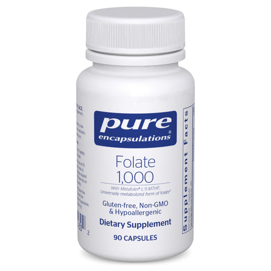 Pure Encapsulations folate bottle with 1000 mcg L-5-MTHF for daily support.