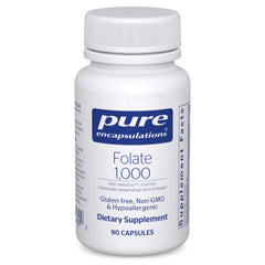 Pure Encapsulations folate bottle with 1000 mcg L-5-MTHF for daily support.