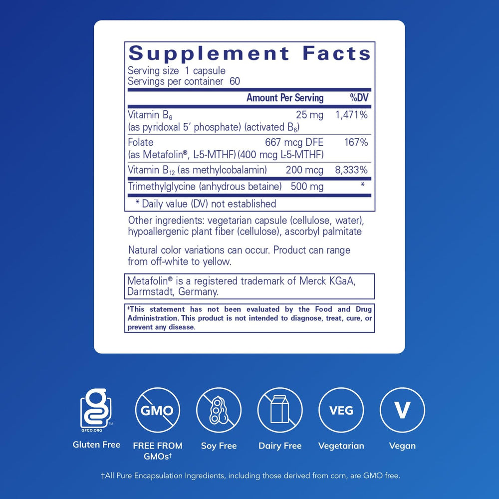 Pure Encapsulations Homocysteine Factors bottle back with hypoallergenic formula details