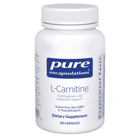 Pure Encapsulations L-Carnitine bottle-front for endurance support and allergen-free formulation.