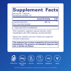 Close-up of Pure Encapsulations L-Carnitine capsules, highlighting hypoallergenic, pure ingredient formula.