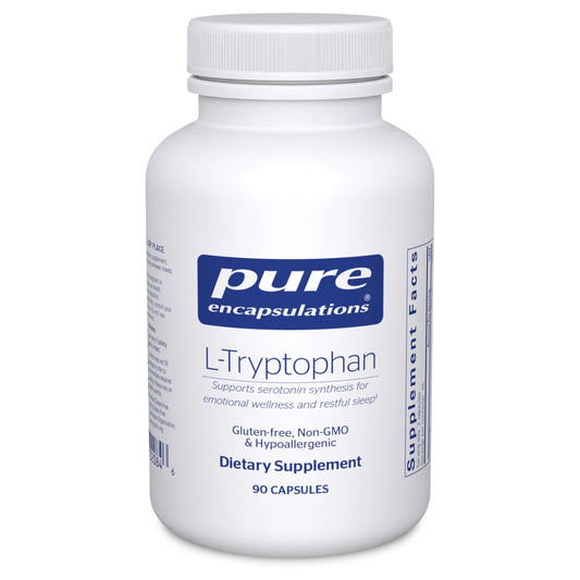 Pure Encapsulations L-Tryptophan bottle front highlighting premium quality for relaxation