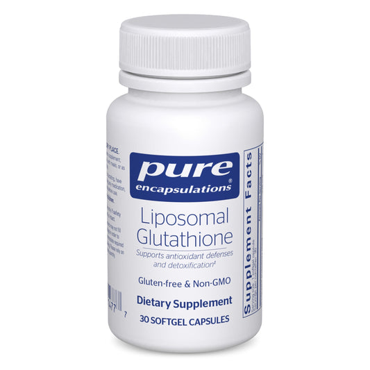Pure Encapsulations Liposomal Glutathione bottle on a table for daily antioxidant support