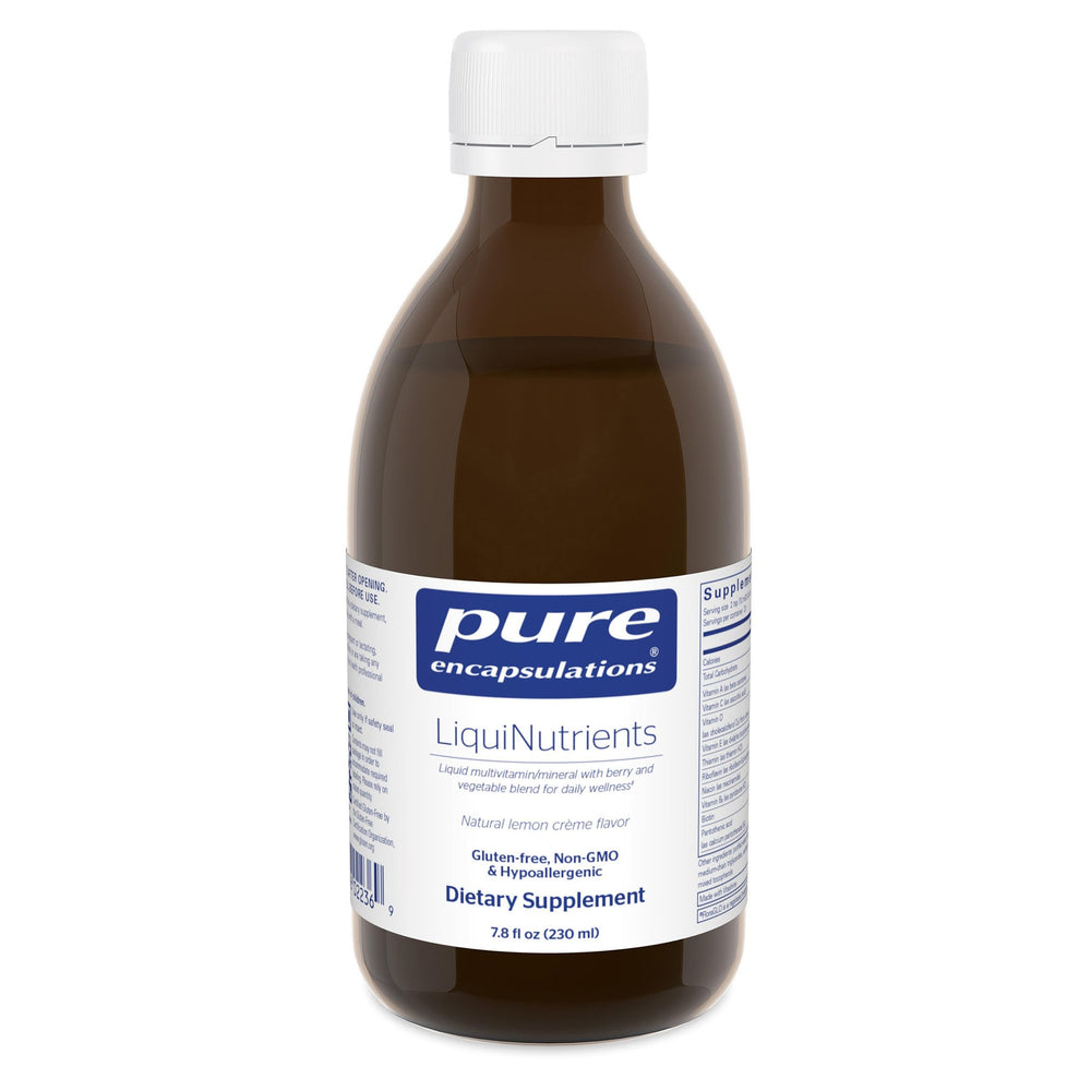 Pure Encapsulations LiquiNutrients bottle being poured for easy daily wellness.