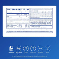 LiquiNutrients label close-up highlighting organic fruit and vegetable blend for balanced daily support.