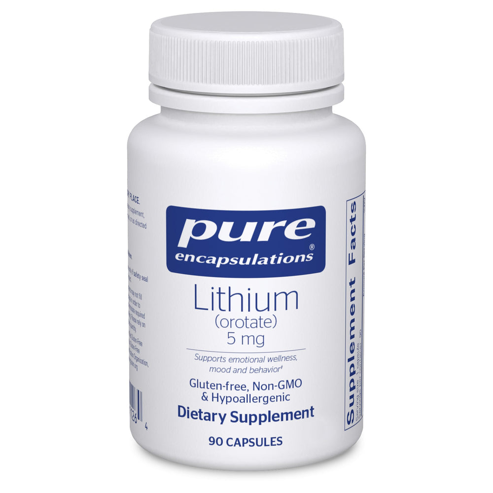 Pure Encapsulations Lithium Orotate 5 mg bottle for daily brain support.