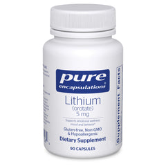 Pure Encapsulations Lithium Orotate 5 mg bottle for daily brain support.