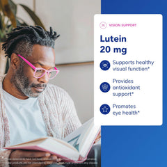 Label design of Pure Encapsulations Lutein 20 mg highlights hypoallergenic formula.