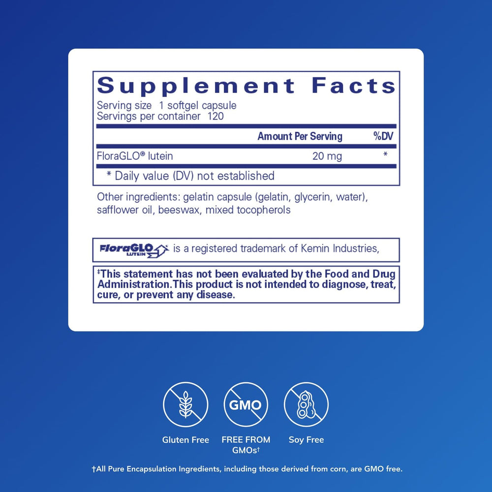 Close-up of Pure Encapsulations Lutein 20 mg softgels for retinal antioxidant support.