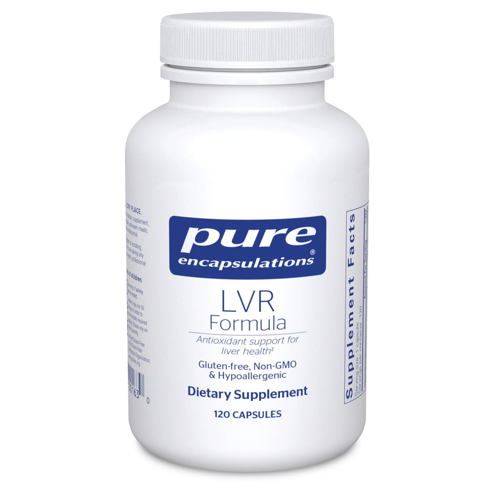 Pure Encapsulations LVR Formula bottle with label, suggesting liver support and antioxidant benefits.